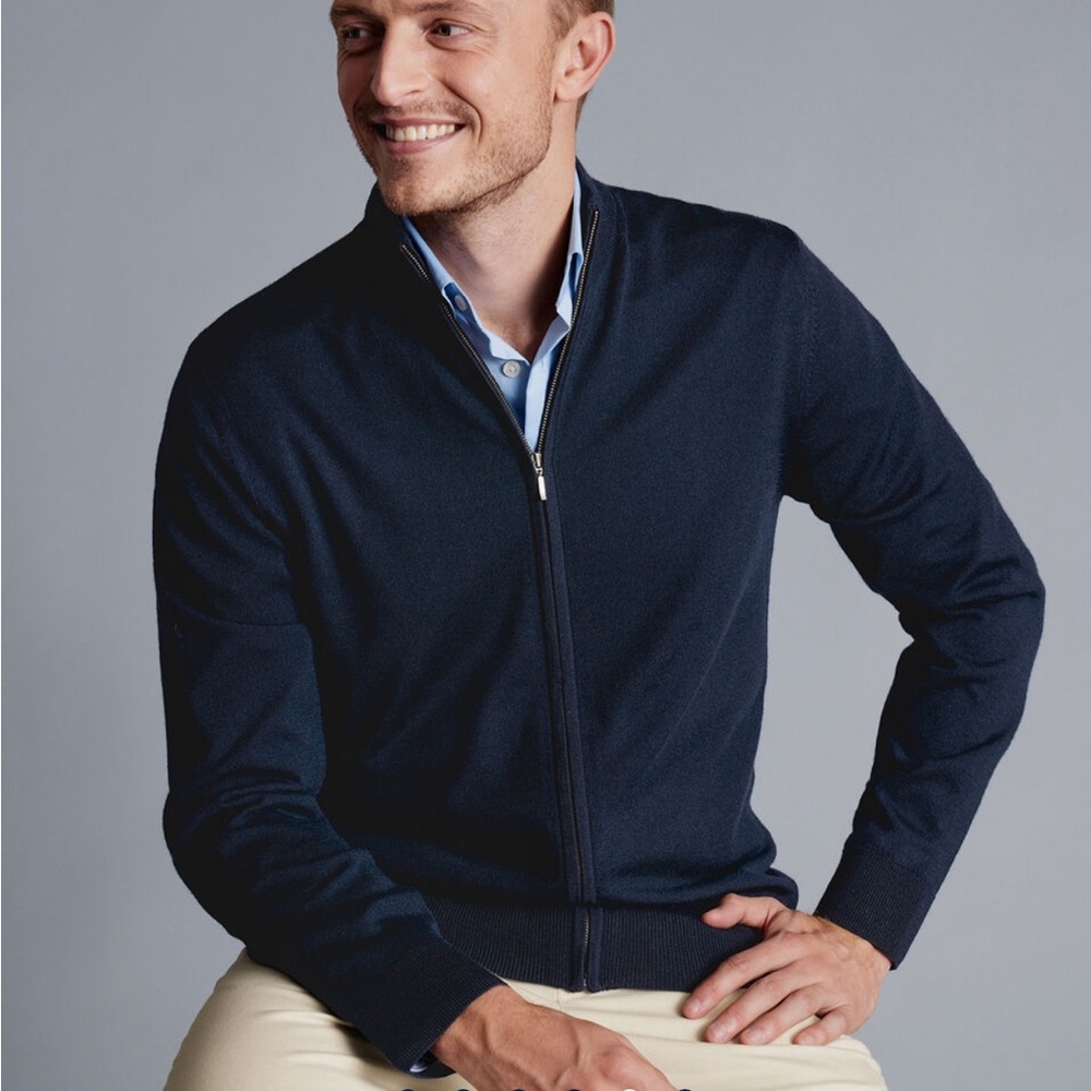 Charles Tyrwhitt Pure Merino Full Zip-Through Cardigan In Charcoal